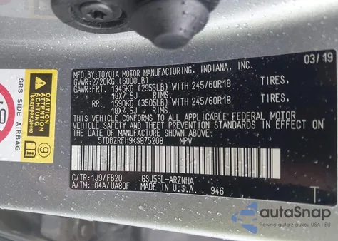 2019 Toyota Highlander Le из США, поврежденный, VIN 5TDBZRFH9KS975208